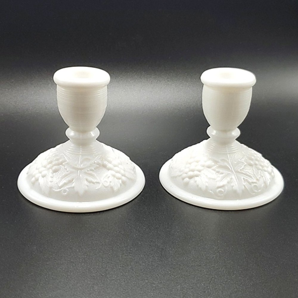 Imperial Glass Grapevine White Milk Glass Candle Holders VTG